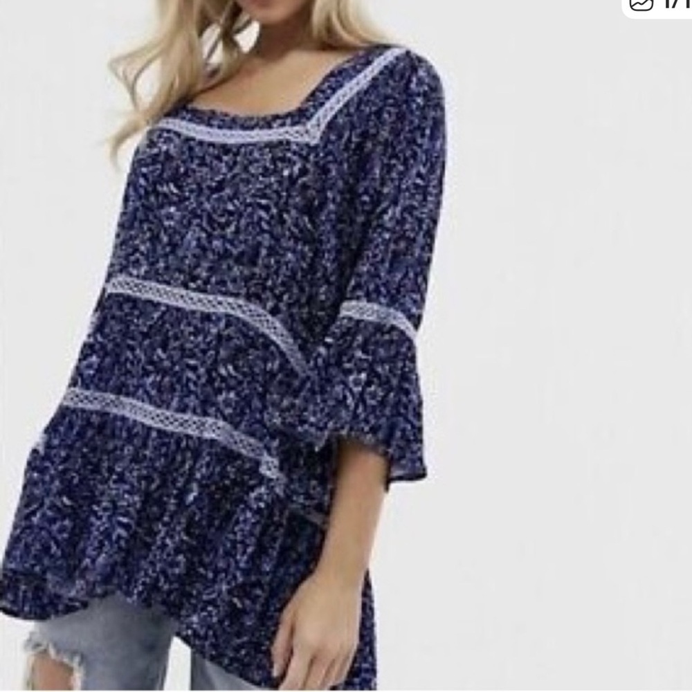 Free People Talk About It Navy Floral Lace-Trim Tunic size S